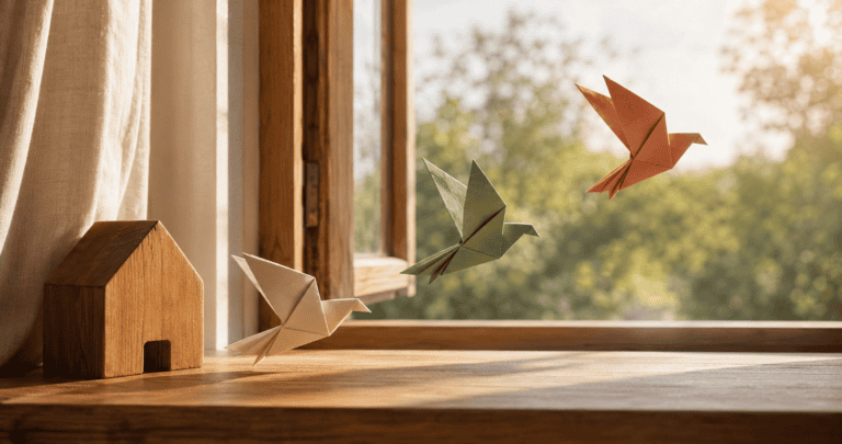 Three birds flying together, symbolizing growing independence.