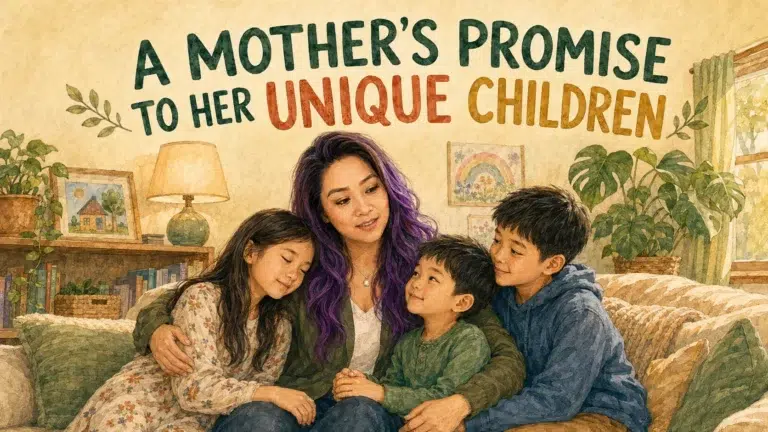 Mom holding her three children close in a warm family moment, representing her promise to protect, support, and advocate for them.