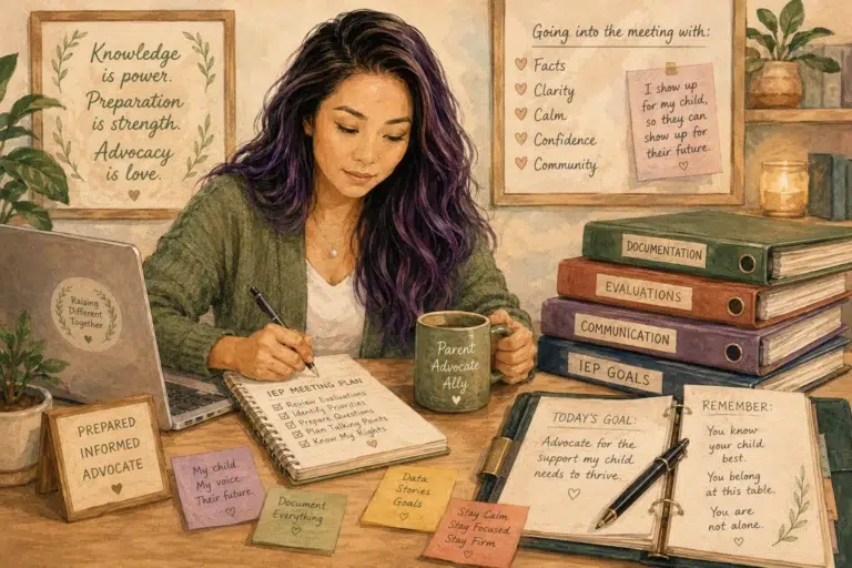 Casey preparing for an IEP meeting at her desk with organized evaluations, documentation, IEP goals, notes, and advocacy materials.
