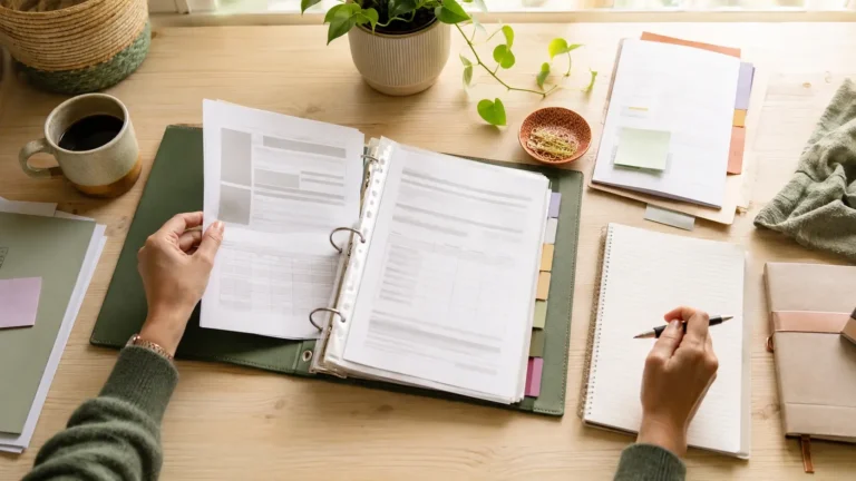 Parent organizing school evaluations and records in a tabbed special education advocacy binder.