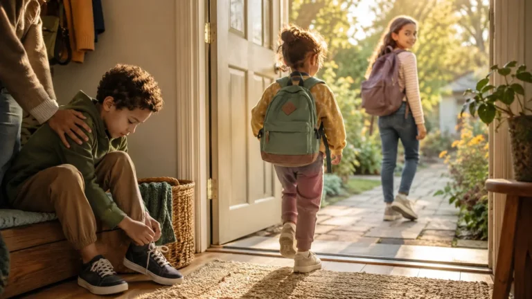 Three children moving toward independence at their own pace while a parent offers gentle support.