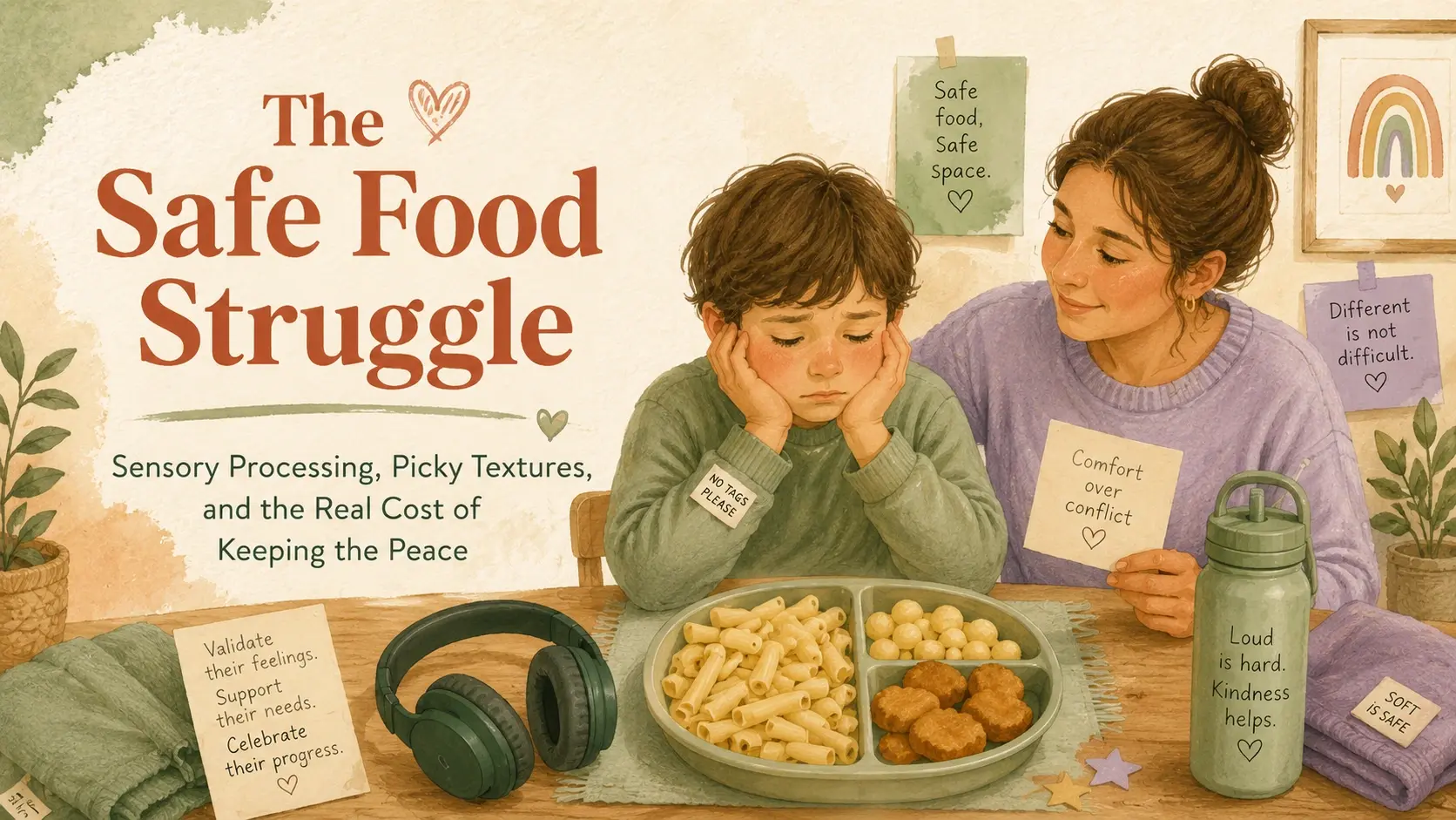 Watercolor illustration of a child struggling with sensory food aversions while a parent offers calm support beside a plate of safe foods and sensory tools.