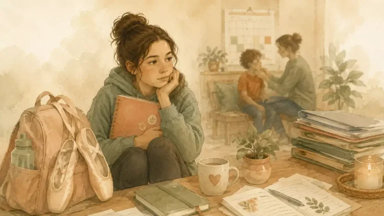 image of a quiet girl holding a notebook and sitting thoughtfully at a table with ballet shoes, a backpack, papers, and books, while a parent helps another child in the background, representing the overlooked sibling in a family with multiple support needs.