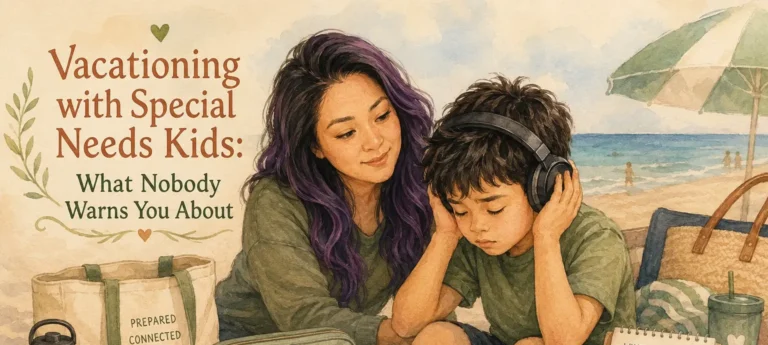 mom comforting Coah on a beach as he wears noise-canceling headphones, surrounded by a calm kit, snacks, and a visual vacation plan.