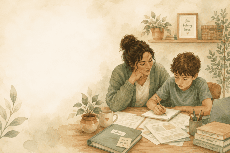 Mother helping her child with schoolwork at a table.