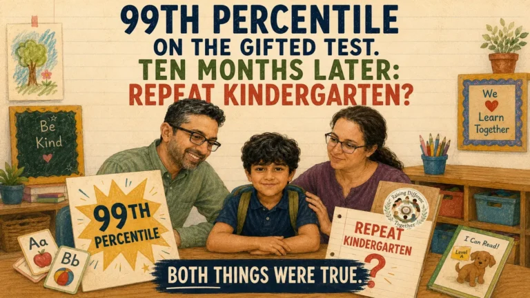 Illustration of a gifted child with his parents in a classroom, highlighting a 99th percentile gifted test score followed ten months later by a recommendation to repeat kindergarten.