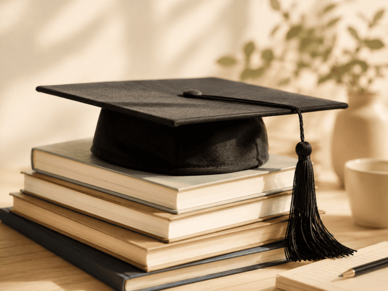 Graduation cap resting on a stack of books.