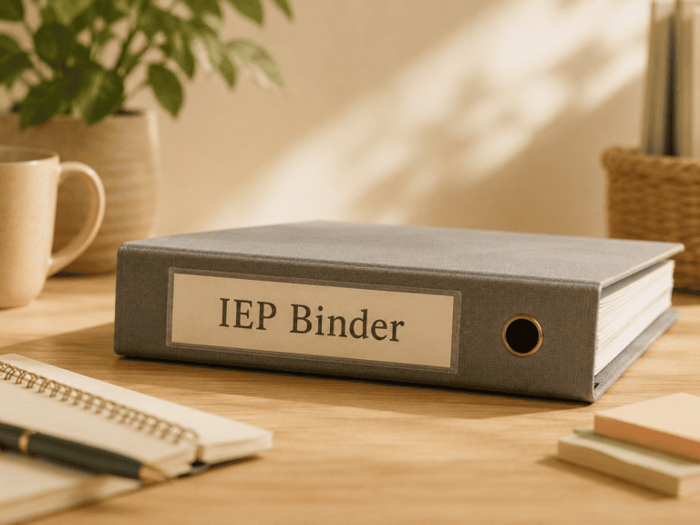 IEP binder on a desk beside a notebook and coffee mug.