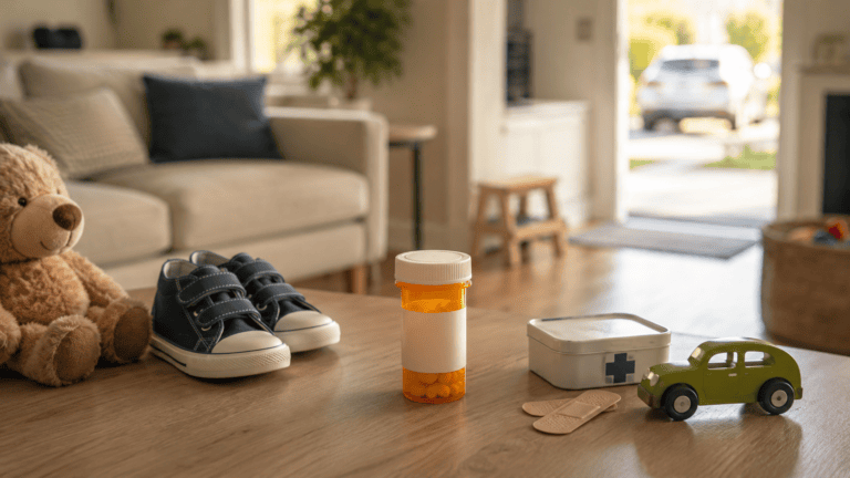 hild’s sneakers beside medication containers.