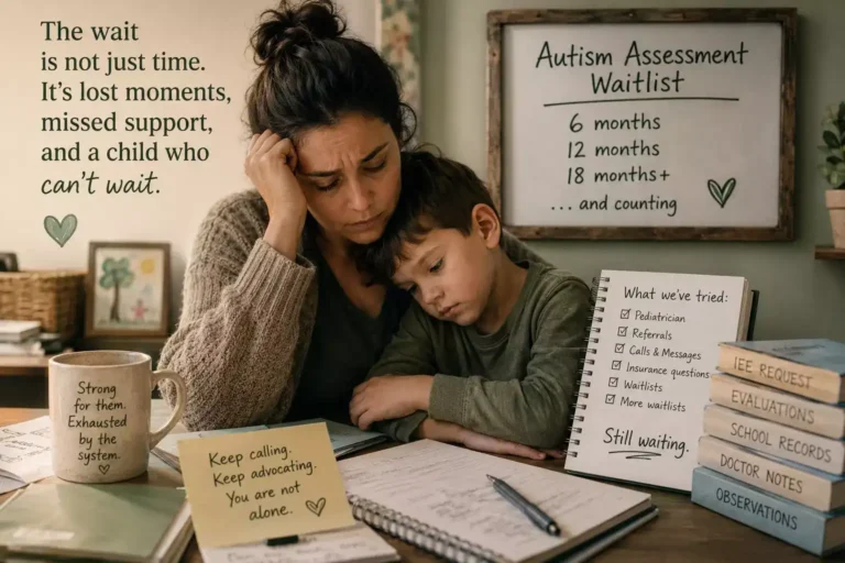Exhausted mother sits with her child surrounded by evaluation paperwork and school records while an autism assessment waitlist shows delays of six to eighteen months.
