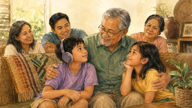 Filipino grandfather embracing two neurodivergent grandchildren in a warm multigenerational family living room.