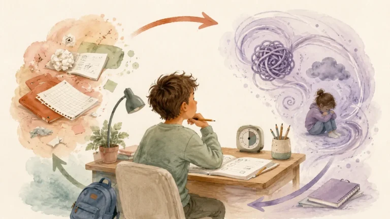 Child surrounded by unfinished tasks and anxious thoughts, representing the cycle between ADHD and anxiety.