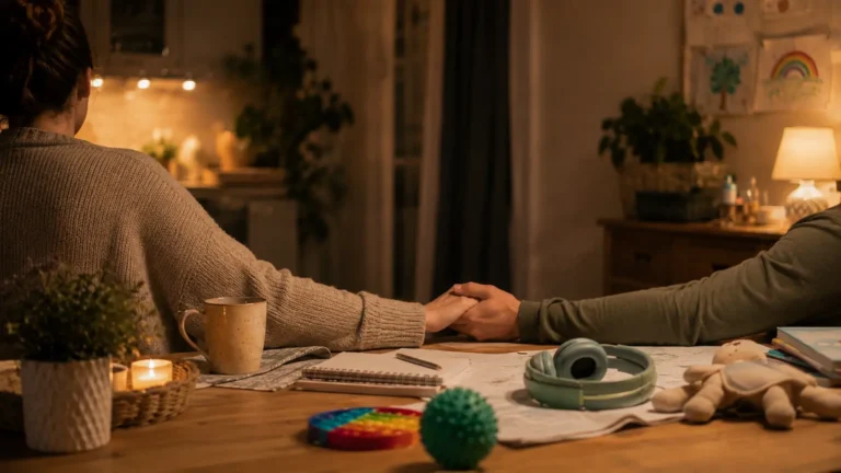 A married couple sitting together during a quiet moment, representing marriage, teamwork, and the stress of raising neurodivergent children