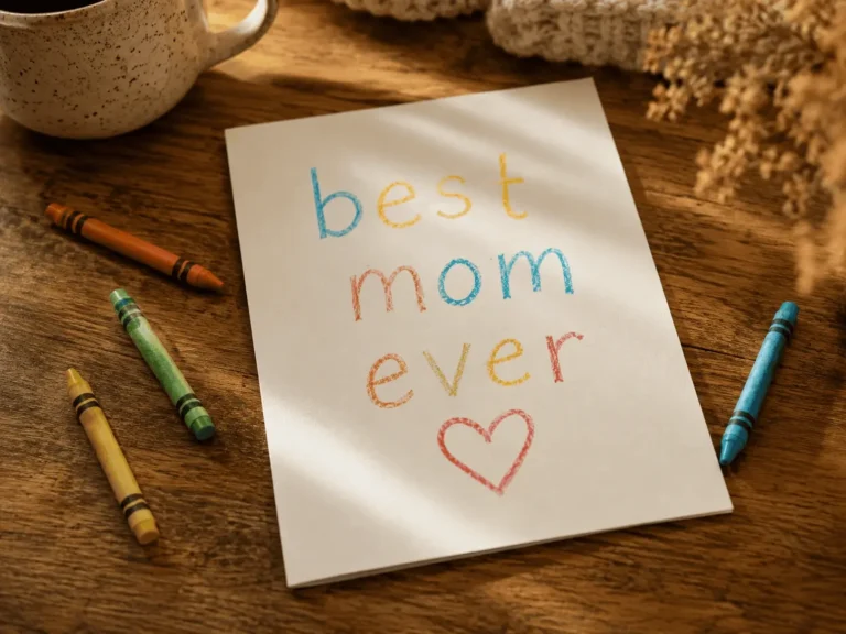Child’s handwritten “Best Mom Ever” note with a heart, surrounded by colorful crayons on a wooden table.