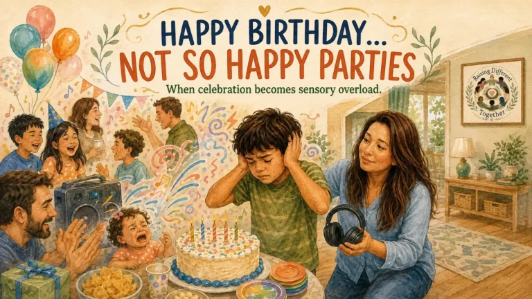 Child covering his ears during a loud birthday party as family celebrates around him, illustrating sensory overload.