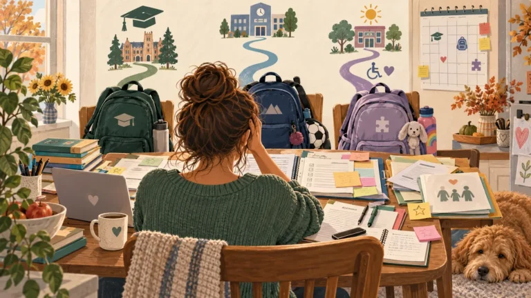 Illustration of a mother at a kitchen table surrounded by school forms and three backpacks, representing three different back-to-school transitions for her children.