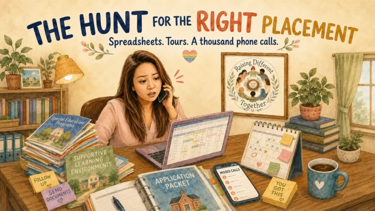 Watercolor illustration of a parent managing school applications, phone calls, deadlines, and a placement-tracking spreadsheet.