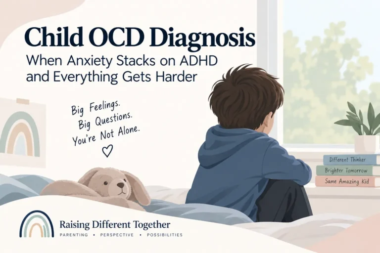 Illustration of a child sitting quietly by a window with a stuffed animal, representing the added challenges of OCD, anxiety, and ADHD in children.