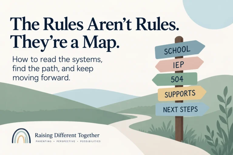 Illustrated signpost pointing to school, IEP, 504, supports, and next steps, representing a map for navigating a child’s needs and support systems.