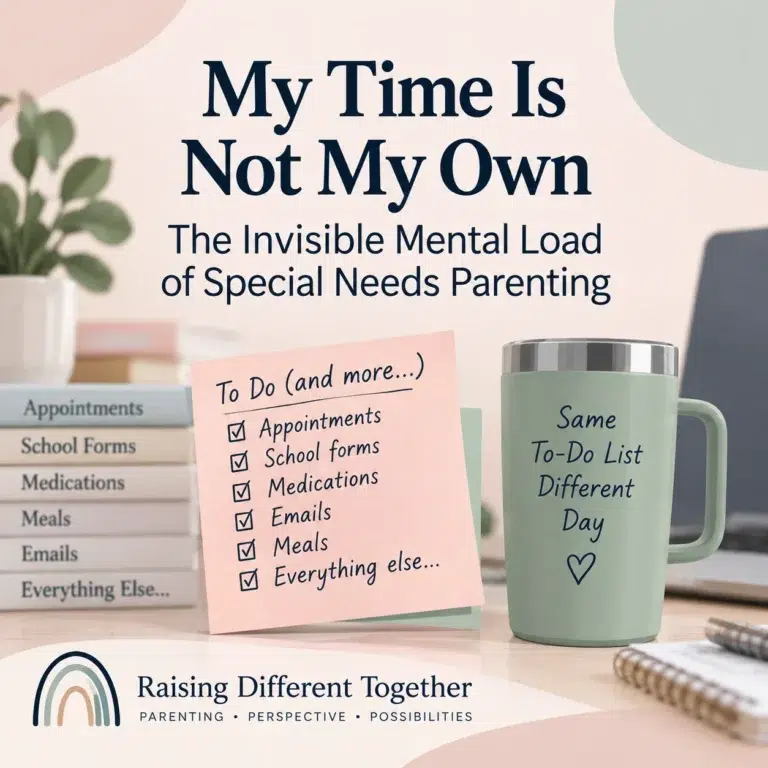Desk with a to-do list of appointments, school forms, medications, emails, and meals, representing the invisible mental load of special needs parenting.